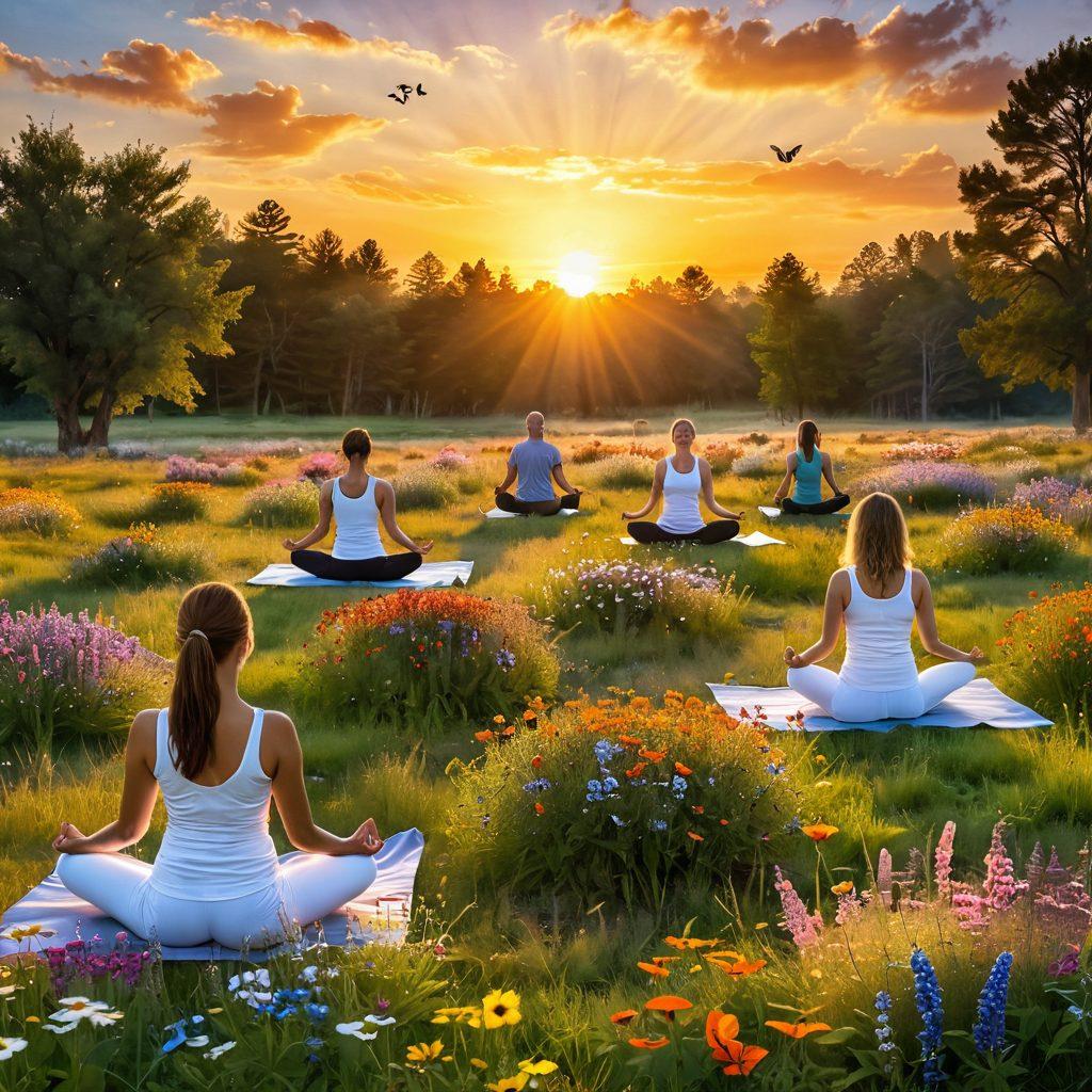 A serene landscape depicting a sunrise over a picturesque meadow filled with colorful wildflowers and butterflies, symbolizing joy and abundance. In the foreground, a diverse group of people practicing yoga and meditation, radiating happiness and peace. Soft, warm light enhances the scene, invoking feelings of contentment and harmony. super-realistic. vibrant colors. peaceful atmosphere.