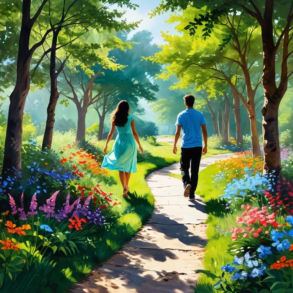 A serene path winding through a lush green landscape, transitioning from soft hues of contentment to vibrant bursts of color symbolizing elation. Along the path, silhouettes of diverse individuals joyfully engaging in their passions—painting, dancing, cooking—under a bright sun. A sense of movement and transformation is palpable, with butterflies and flowers embodying growth and positivity. super-realistic. vibrant colors. soft focus.