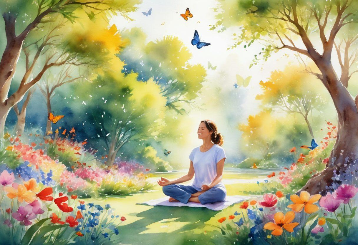 A serene morning scene in a vibrant garden filled with blooming flowers and butterflies, radiating joy and warmth. A person meditating with a gentle smile, surrounded by colorful birds and soft sunlight filtering through the trees. The atmosphere should evoke feelings of happiness and tranquility, embodying the essence of a cheerful life. watercolor illustration. bright colors. soft focus.